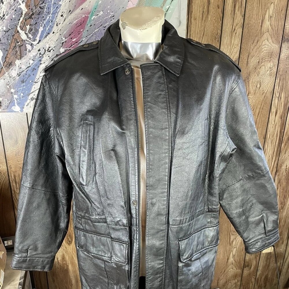 🎁 Greg Bell Vintage Black Leather Jacket Coat Mens XXL Zip Front